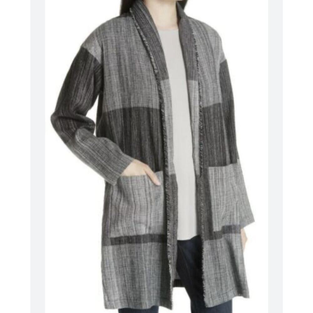 Eileen Fisher 100% Organic Cotton Gray Black Duster Jacket Shawl Collar